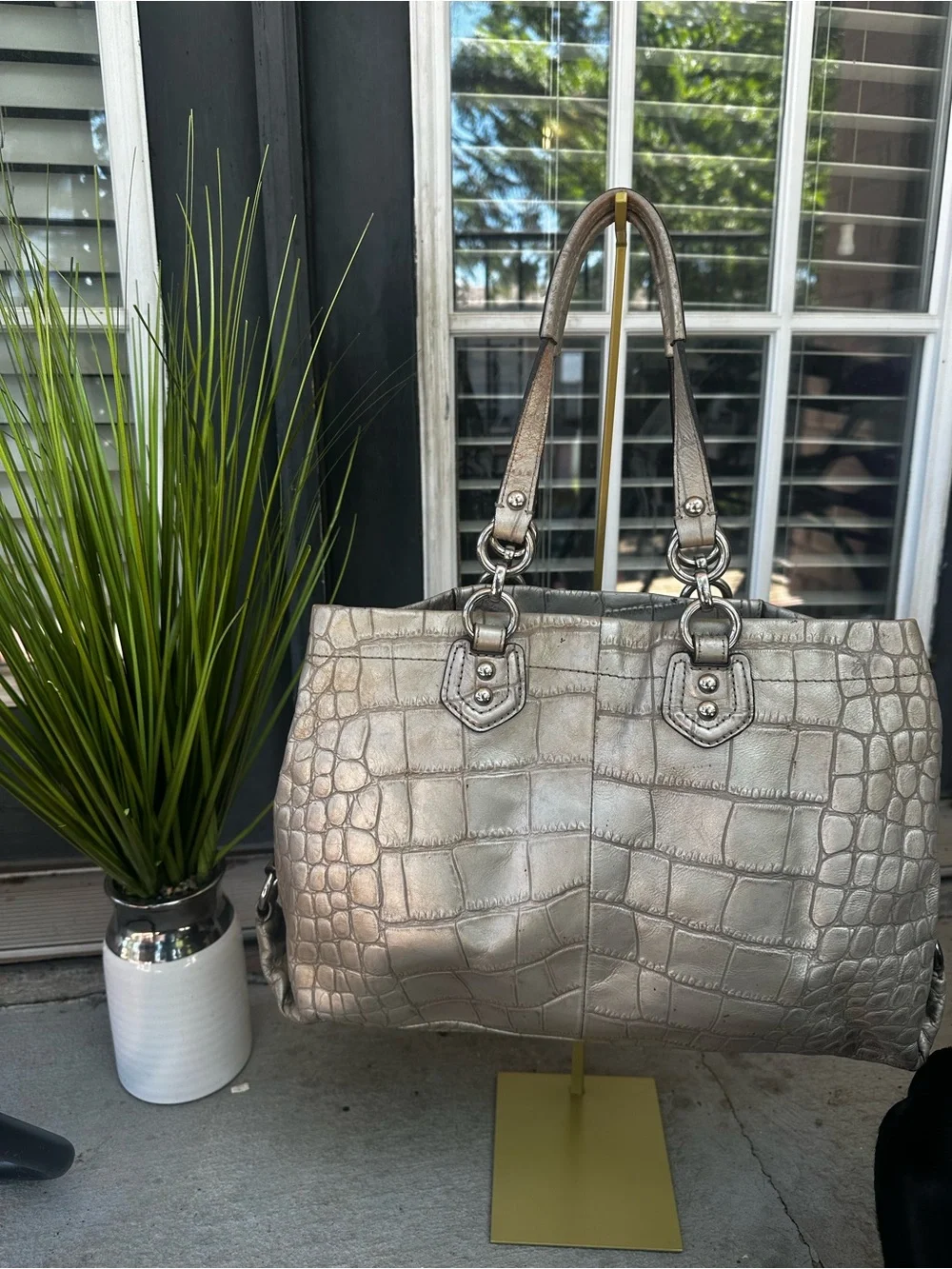 Coach Metallic Croc-Embossed Tote Bag - Silver